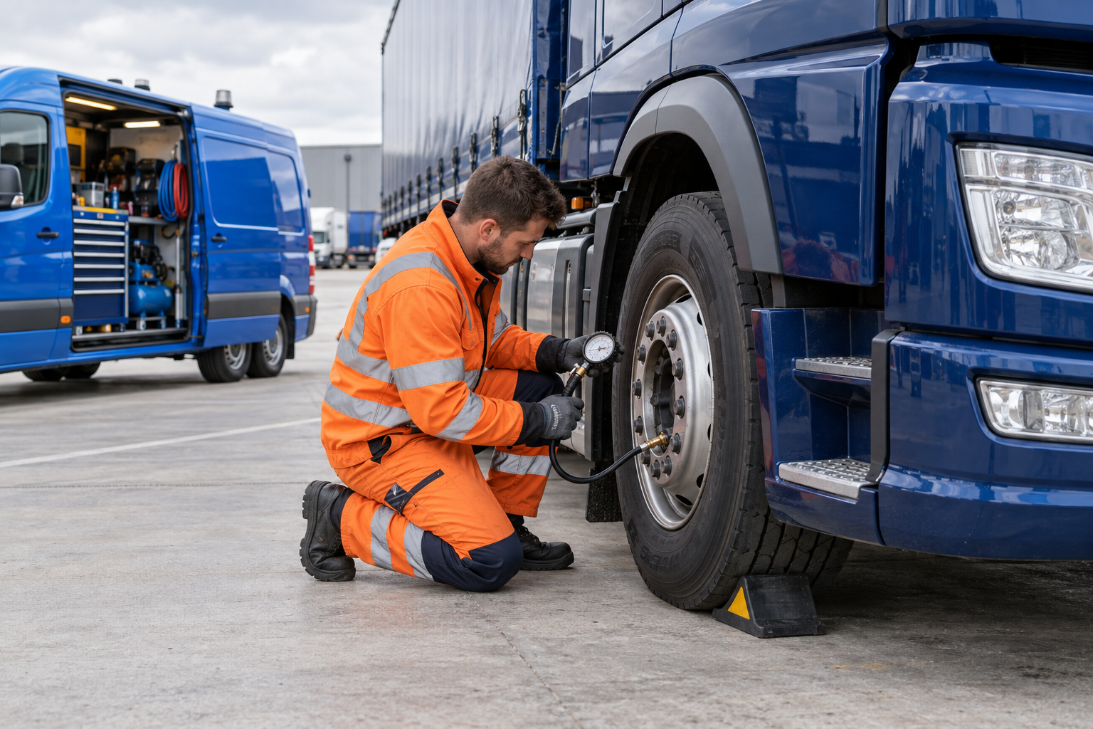 Tyre technician checking a navy HGV wheel at a UK fleet depot with a blue service van nearby
